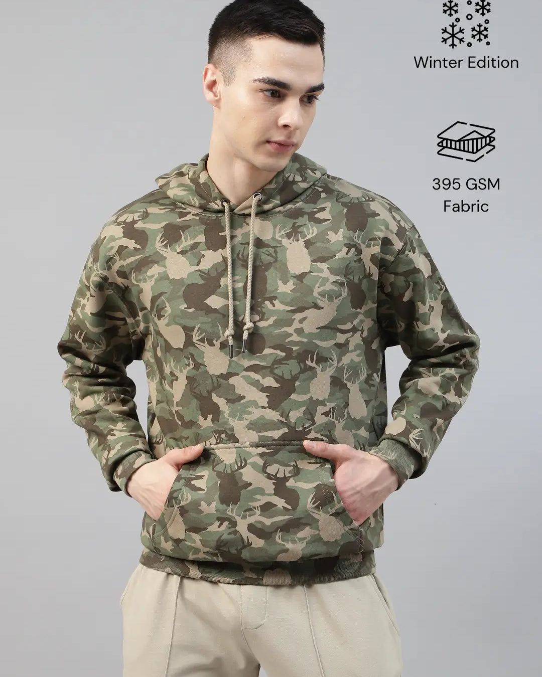 Man wearing a camouflage army hoodie