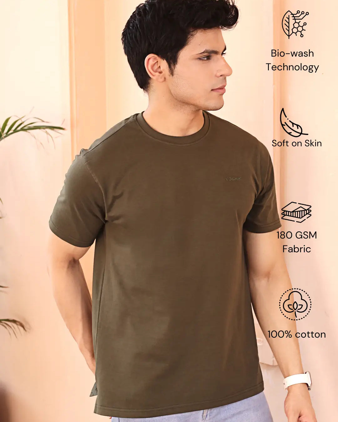 Man wearing a army green cotton crew neck t-shirt