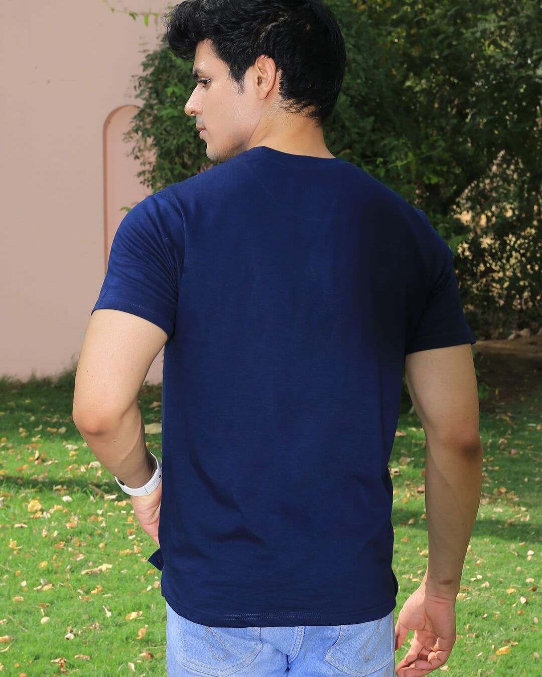 Men Blue Crew Neck Short Sleeve Cotton T-shirt