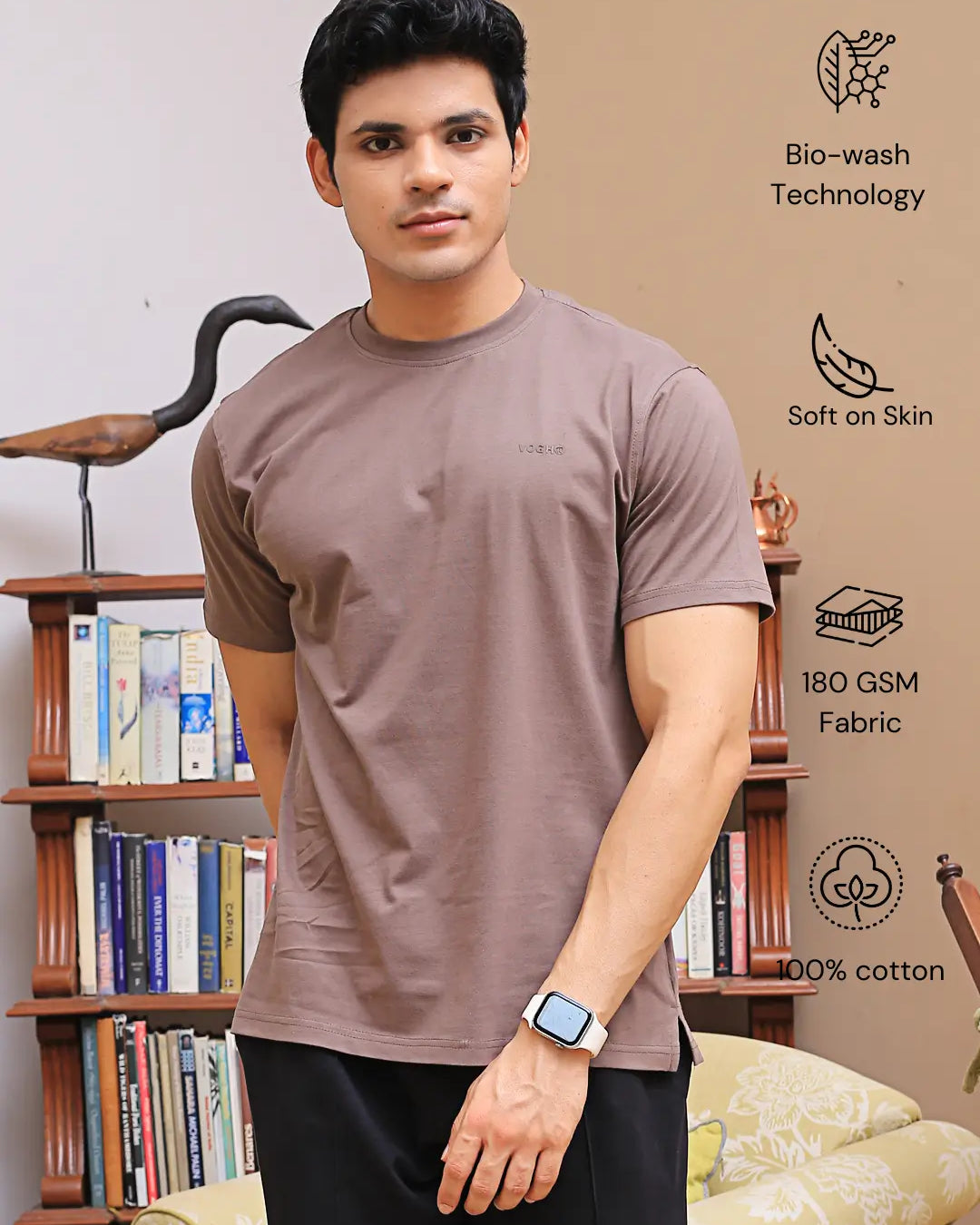 Man wearing a brown crew neck t-shirt with bio-wash technology, softness, breathable fabric