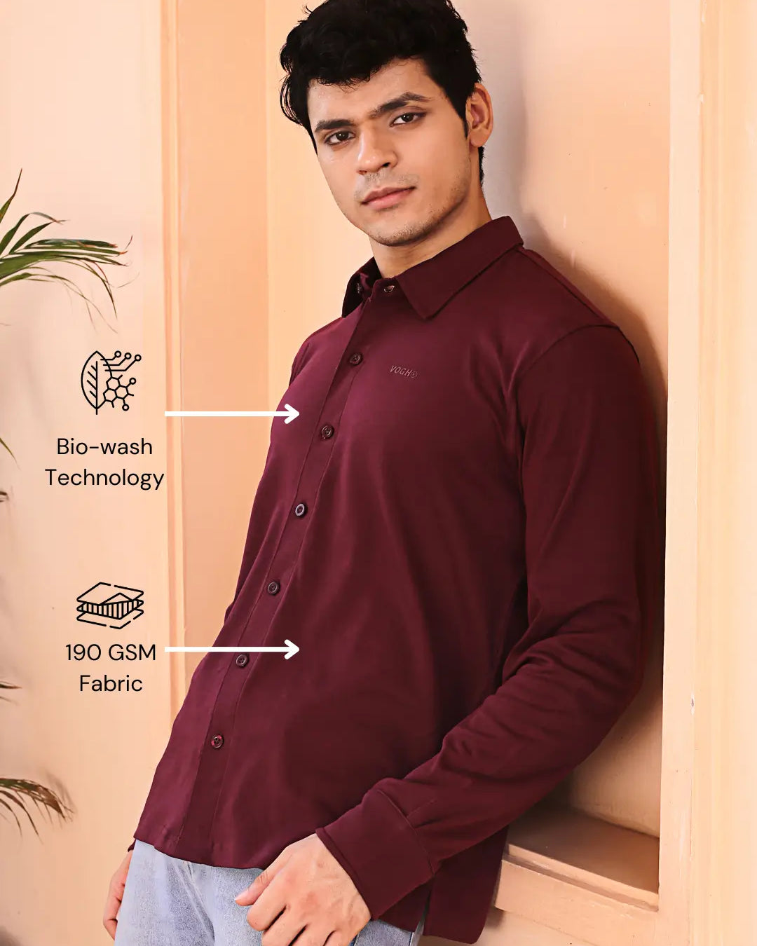 Man wearing a maroon cotton shirt