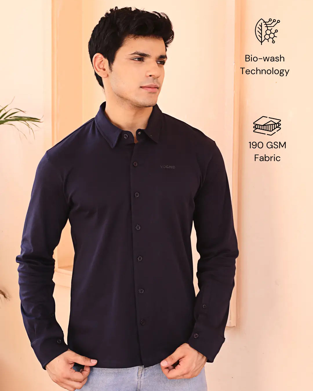 Man wearing a navy full sleeve cotton shirt