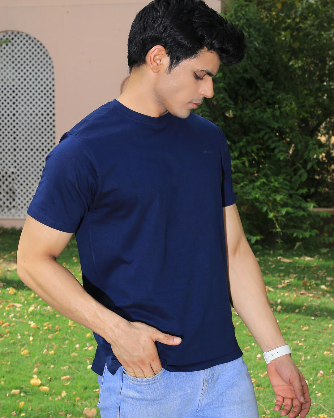 Men Blue Crew Neck Cotton T-shirt
