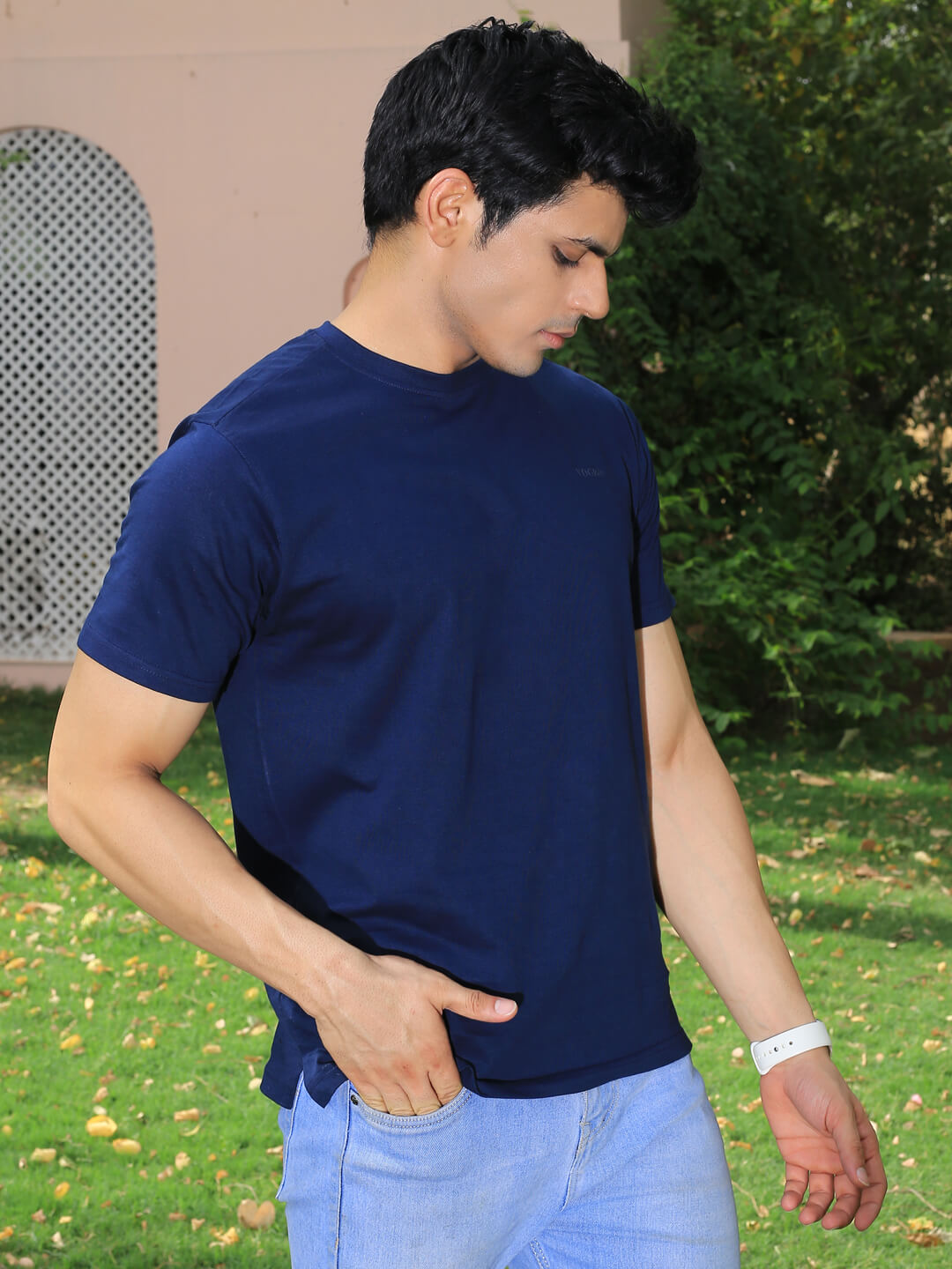 Men Blue Crew Neck Cotton T-shirt
