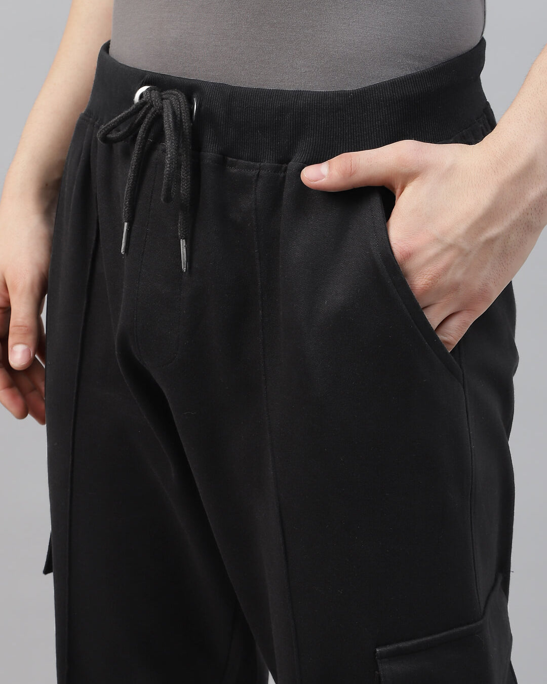 mens black cargo pants close view