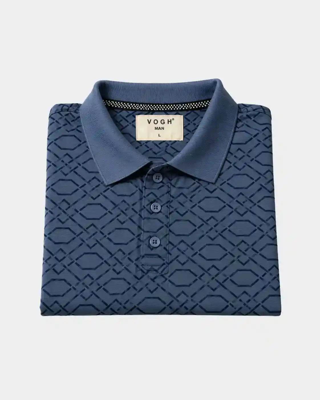 folded navy blue polo tshirt with a geometric patterned