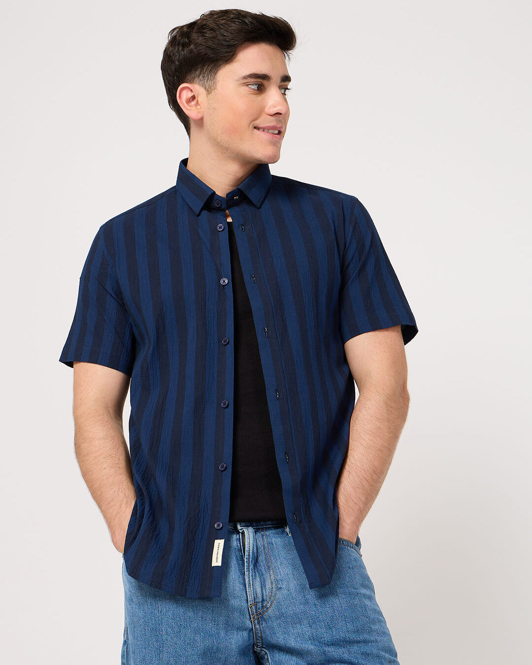 blue black stripe half sleeve shirt