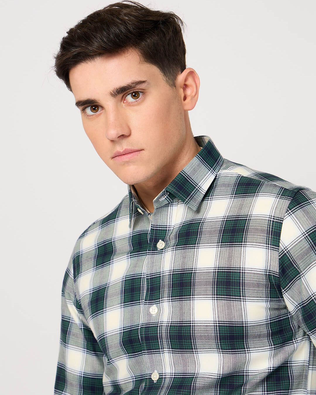 man wearing cotton green white check shirt