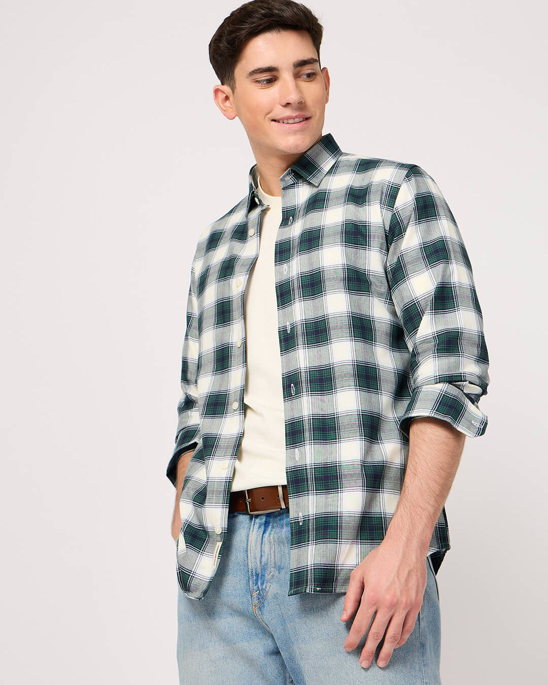 cotton green white check check shirt