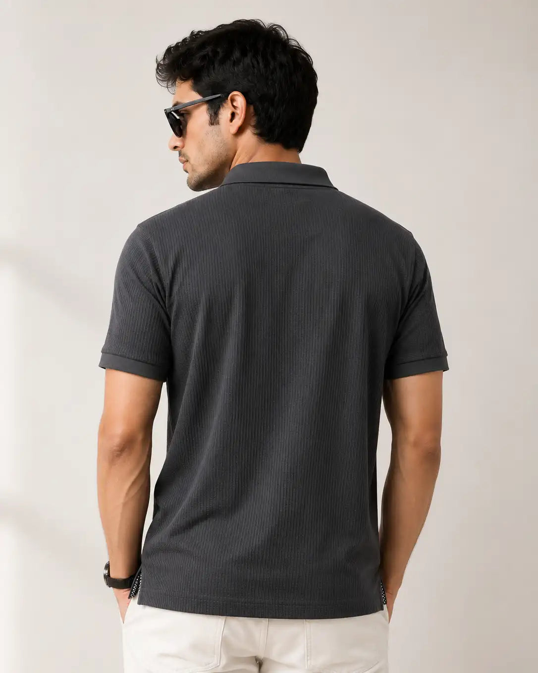 dark gray ribbed short-sleeve polo shirt back view