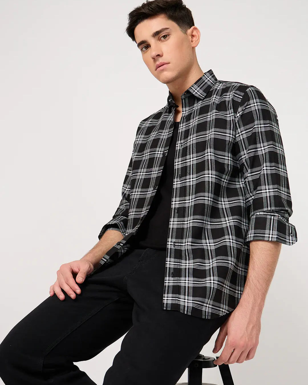 cotton black full sleeve check shirt for men
