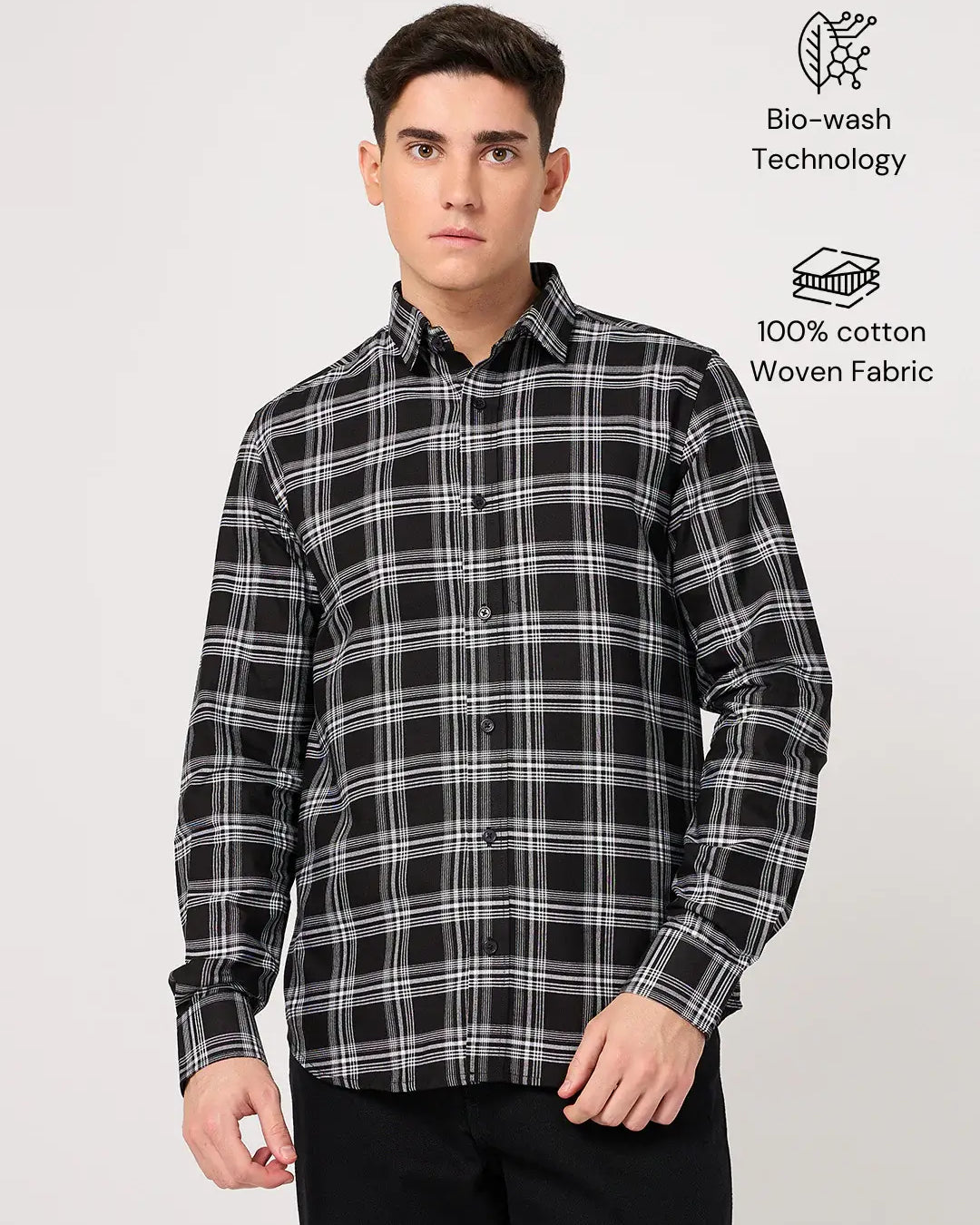 cotton black check shirt for men