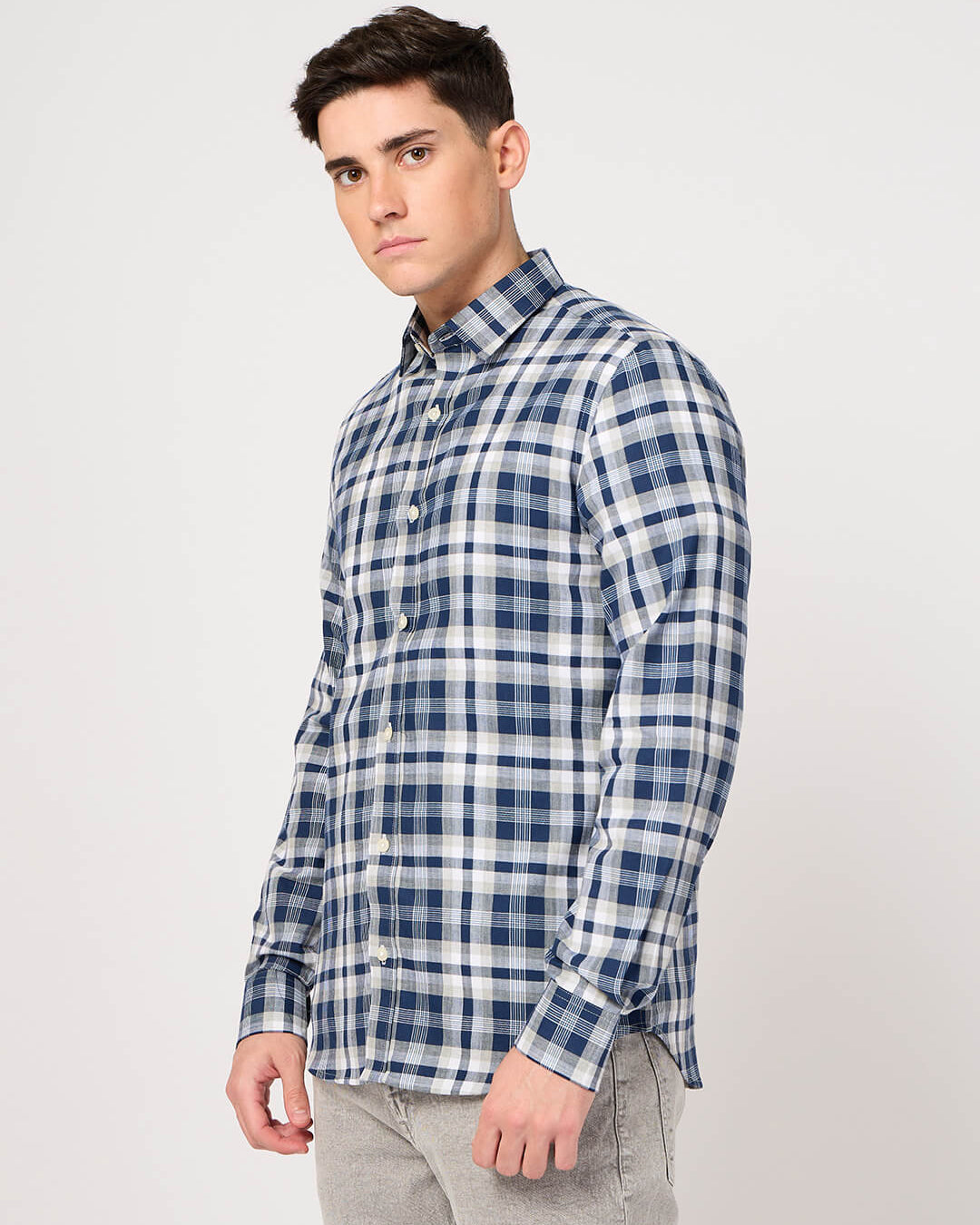 blue white checked shirt for men