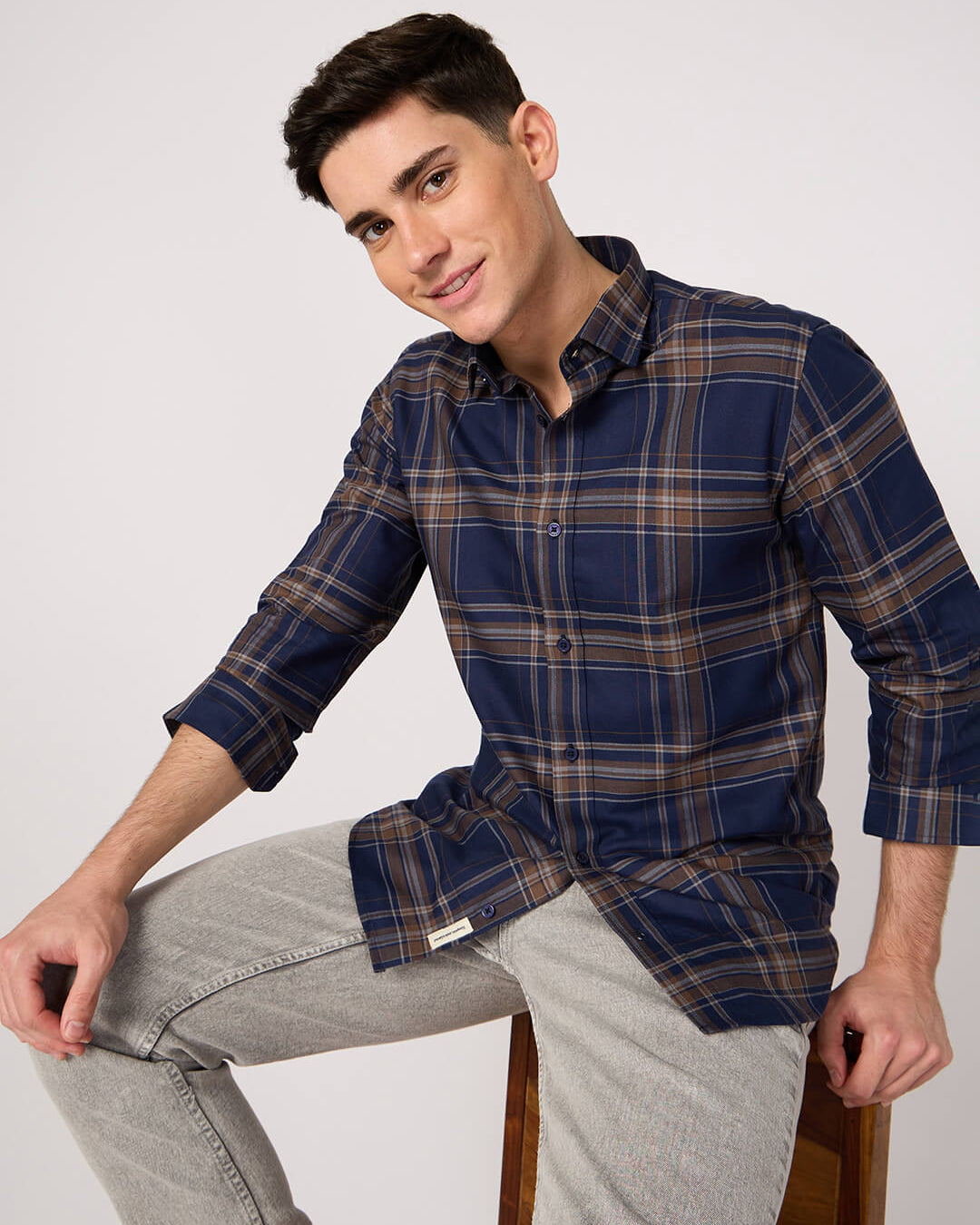 blue brown check check shirt for men