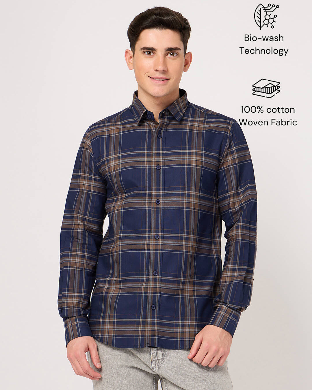 blue brown check shirt for men
