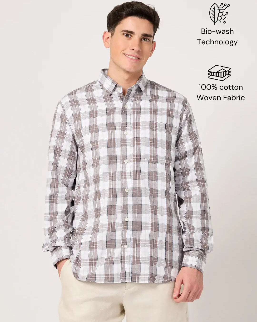 cotton brown and white check shirt for men