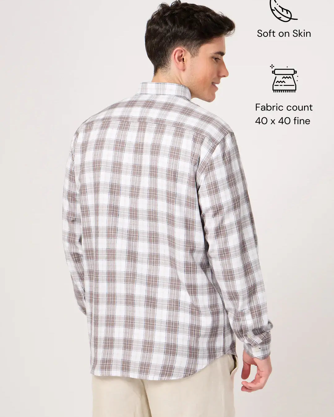 brown and white check shirt