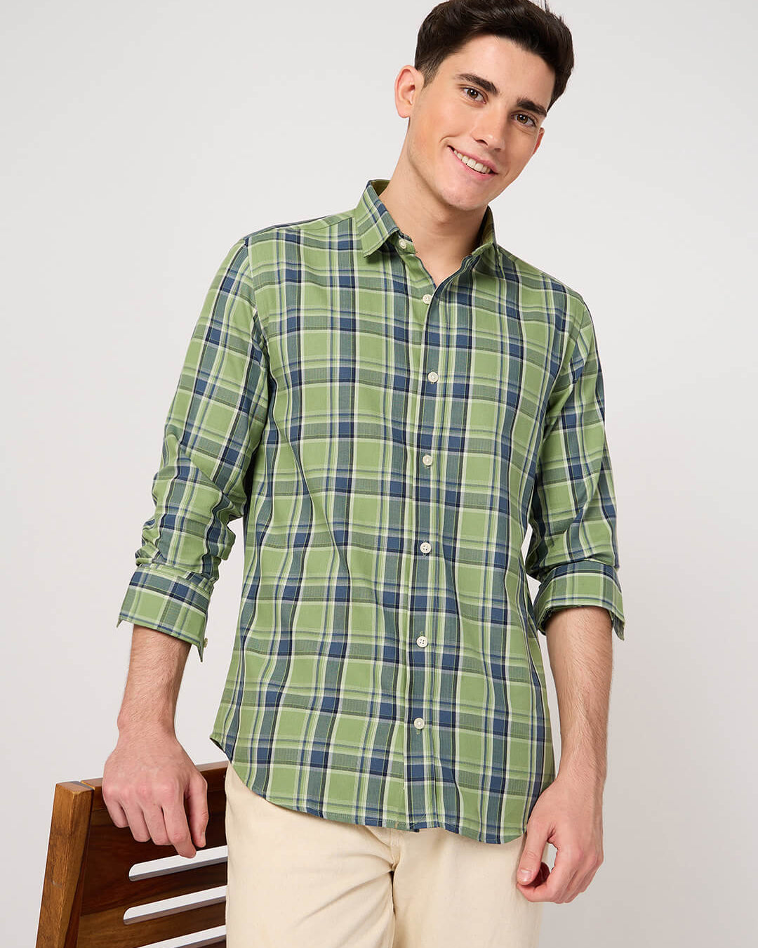 twill cotton green check shirt for men