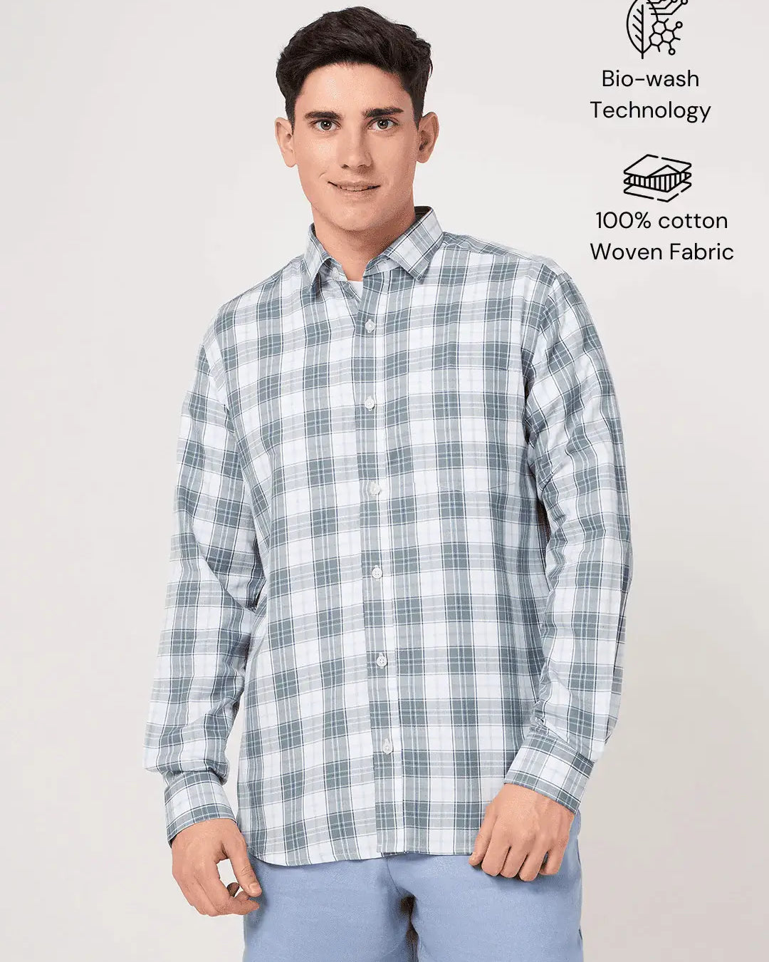 cotton grey white check shirt for men