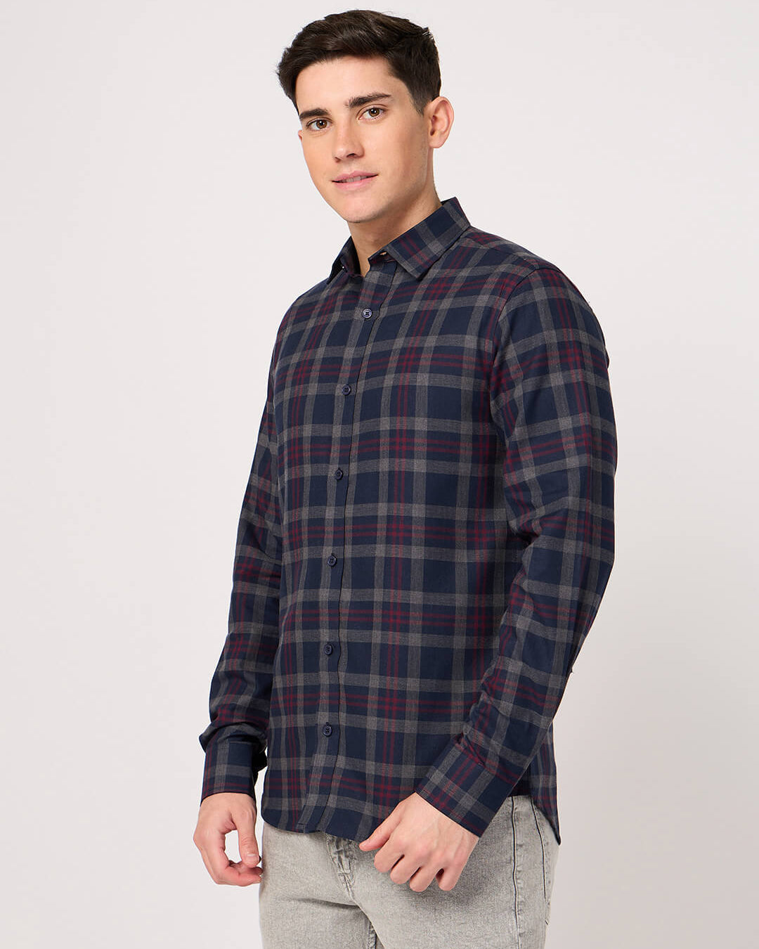 cotton navy blue maroon check shirt
