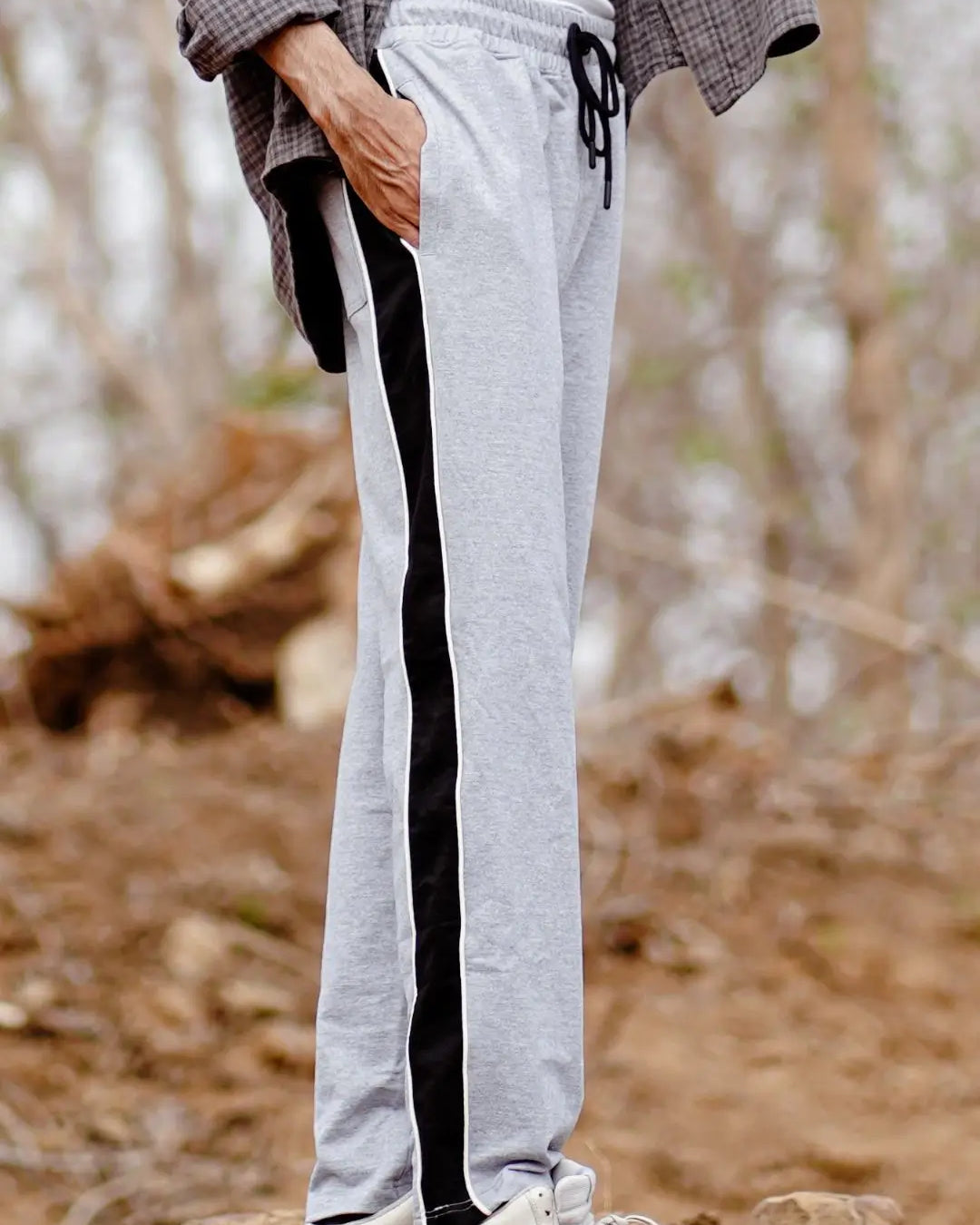 Gray sweatpants with black stripes for men