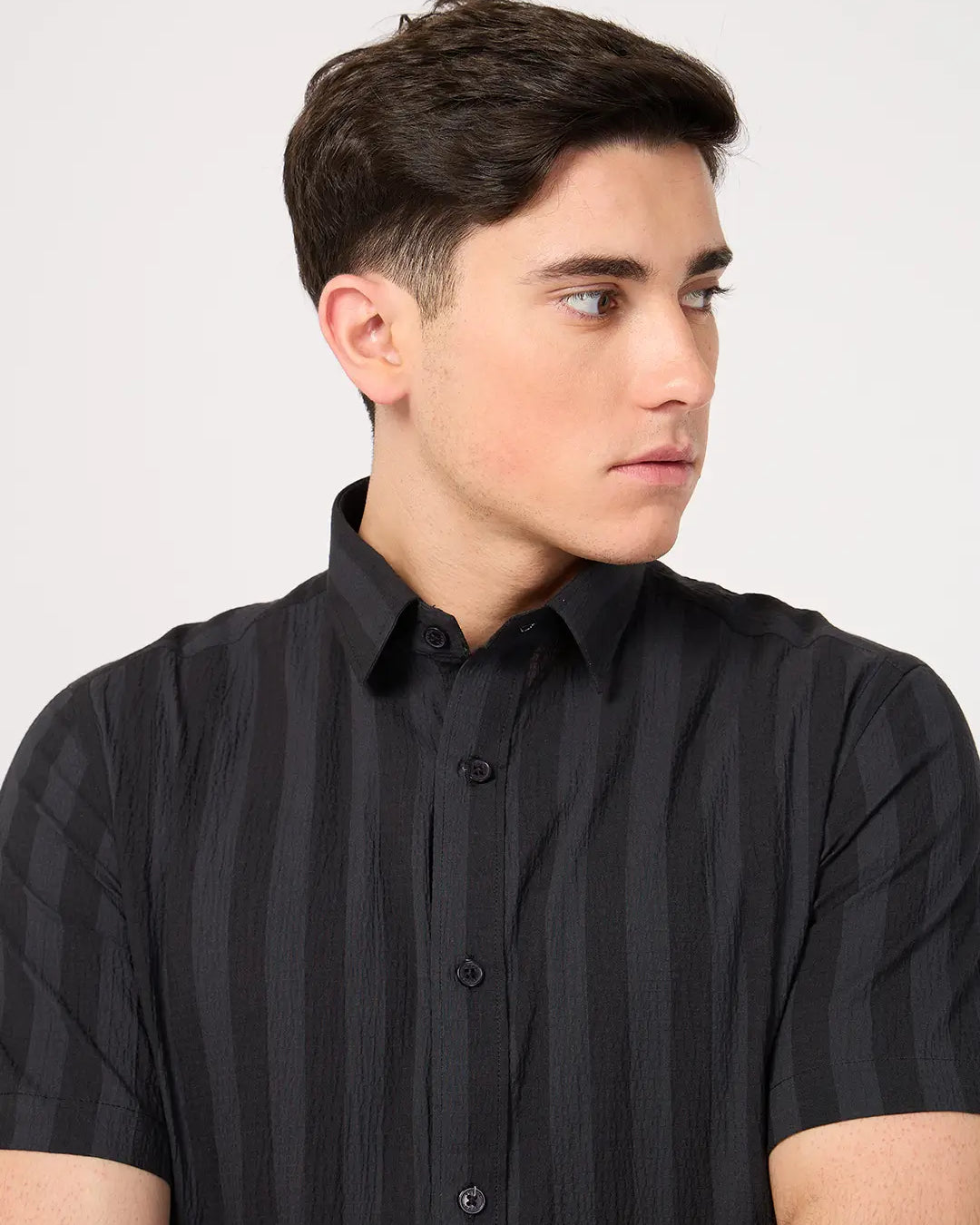 men's grey striped half sleeve shirt