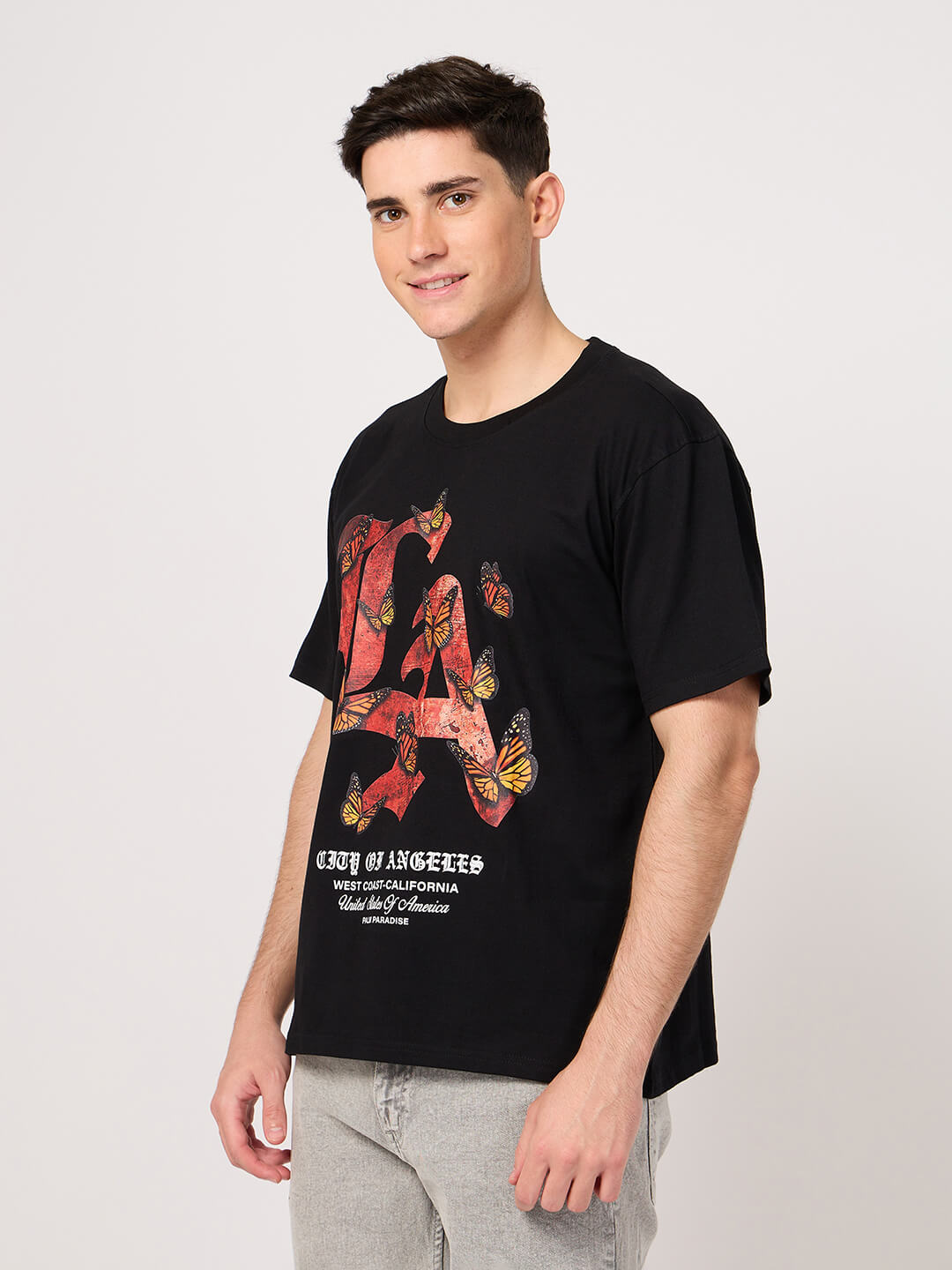 men wearing a black LA printed t-shirt