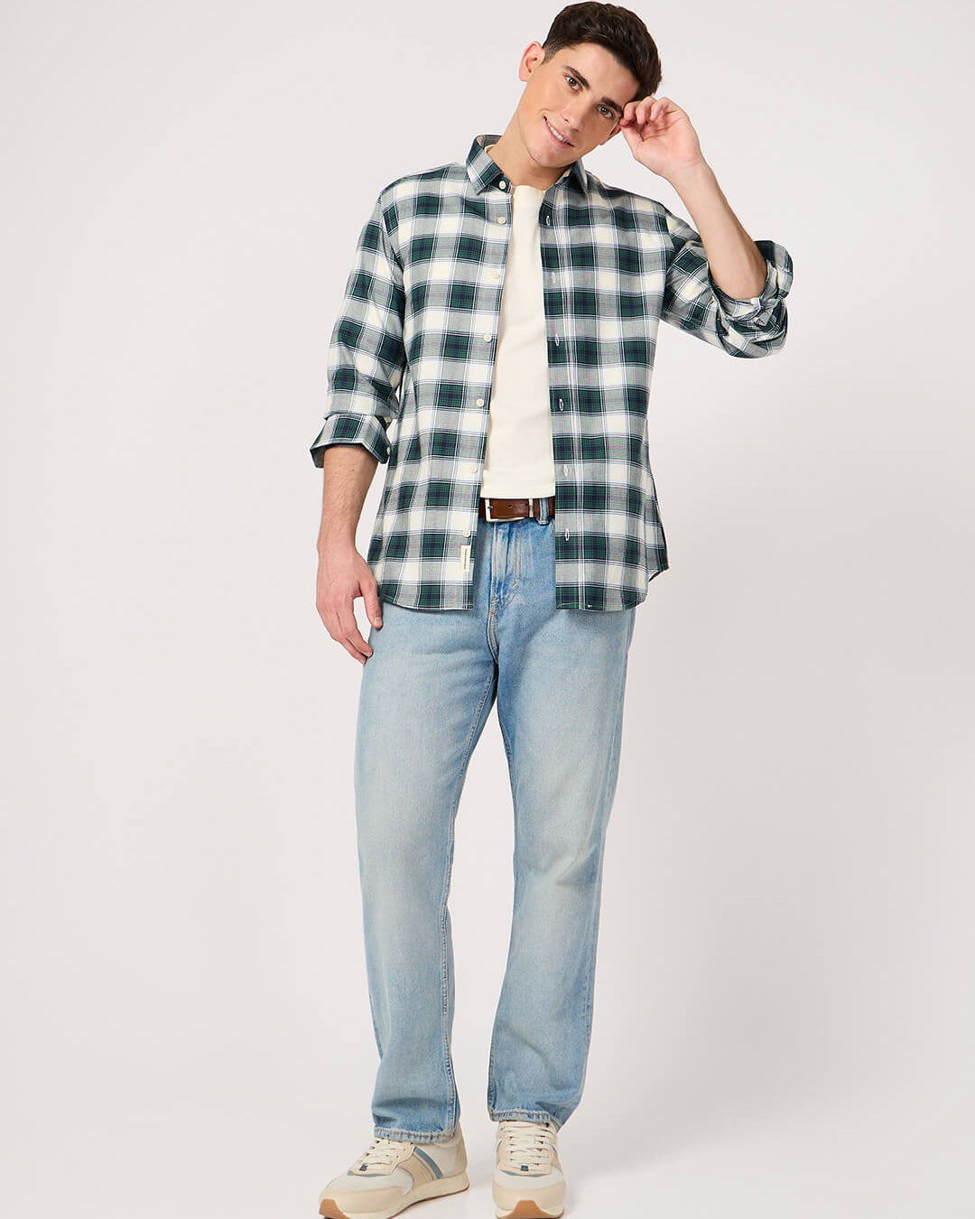 cotton green white checked shirt
