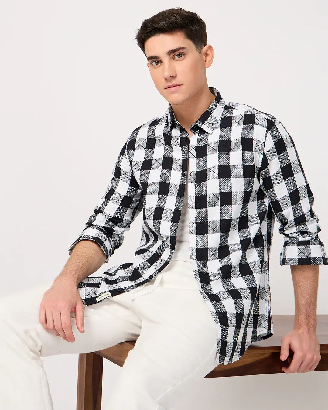men's cotton black and white check shirt