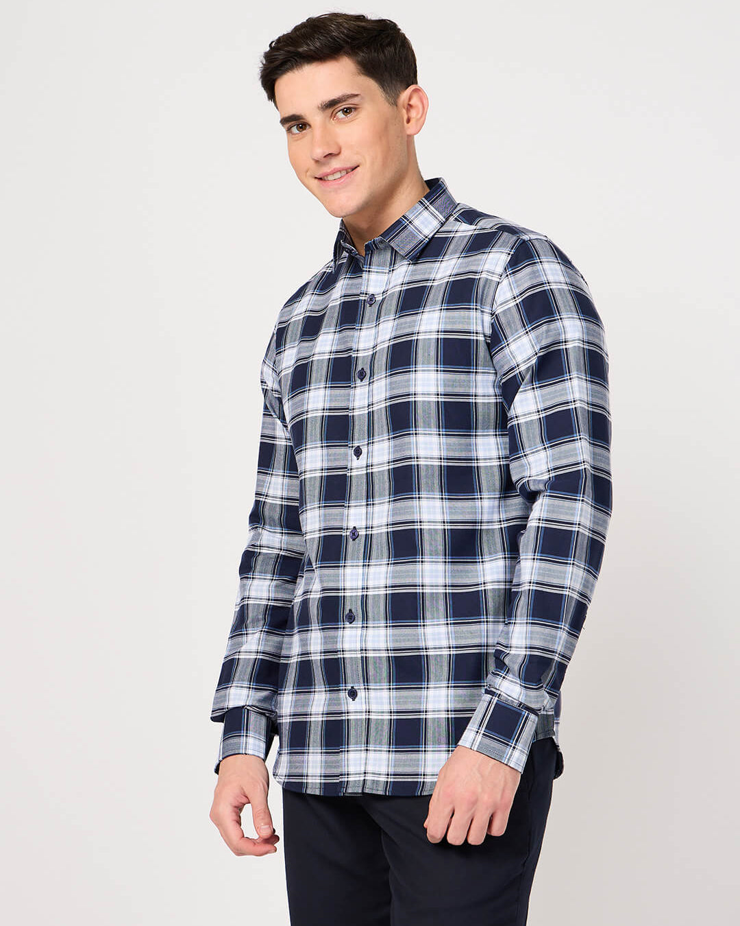 Man wearing a pure cotton blue and white check shirt