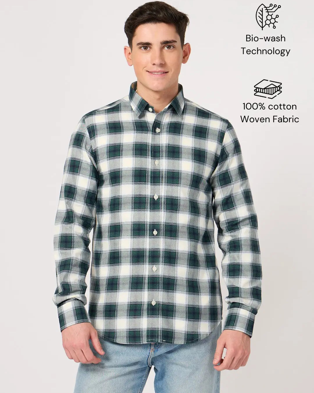 cotton green white check shirt for men