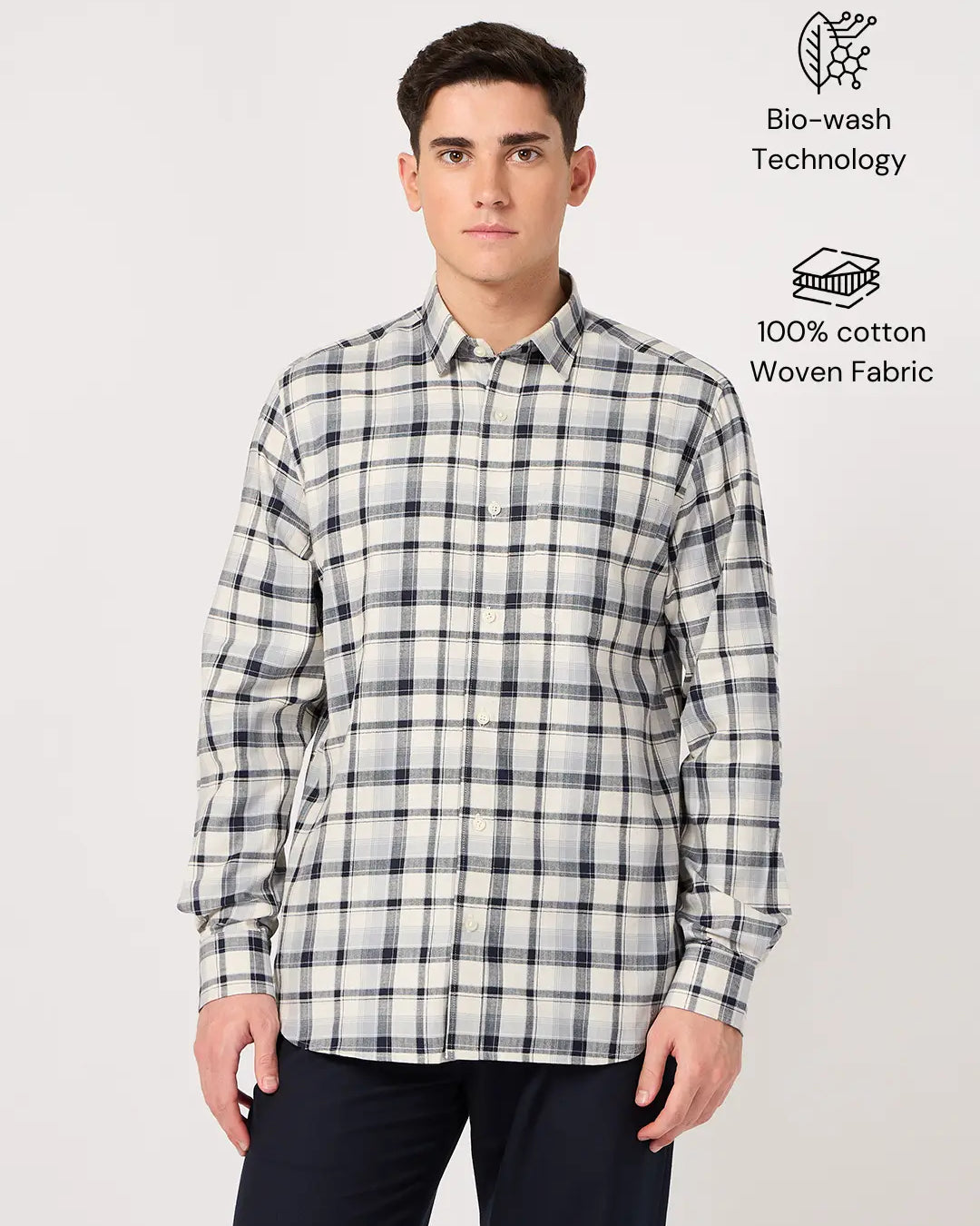 cotton black white check shirt for men