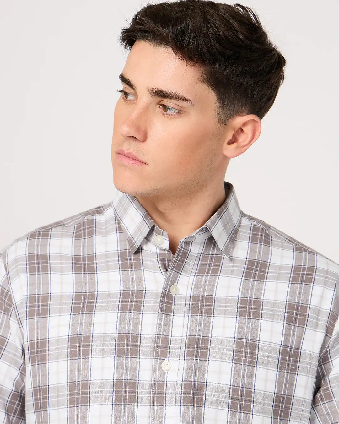 brown and white check shirt for men