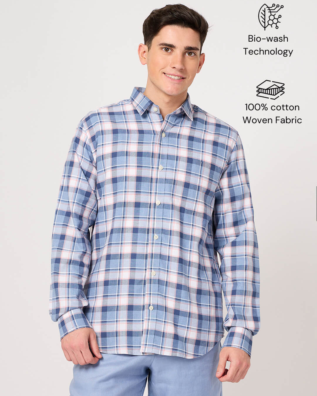 cotton sky blue check shirt for men