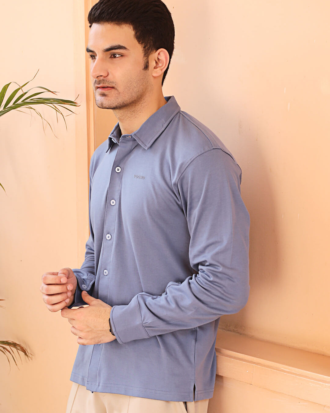 grey knitted cotton shirt for men with full sleeve