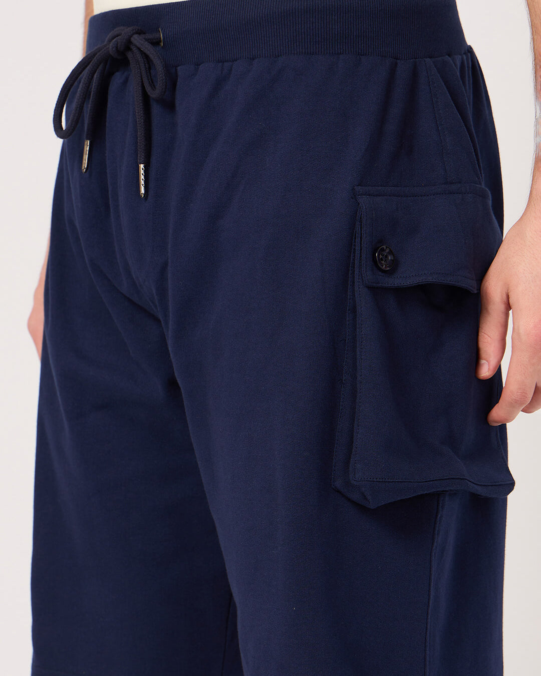 Navy blue cargo shorts with a drawstring