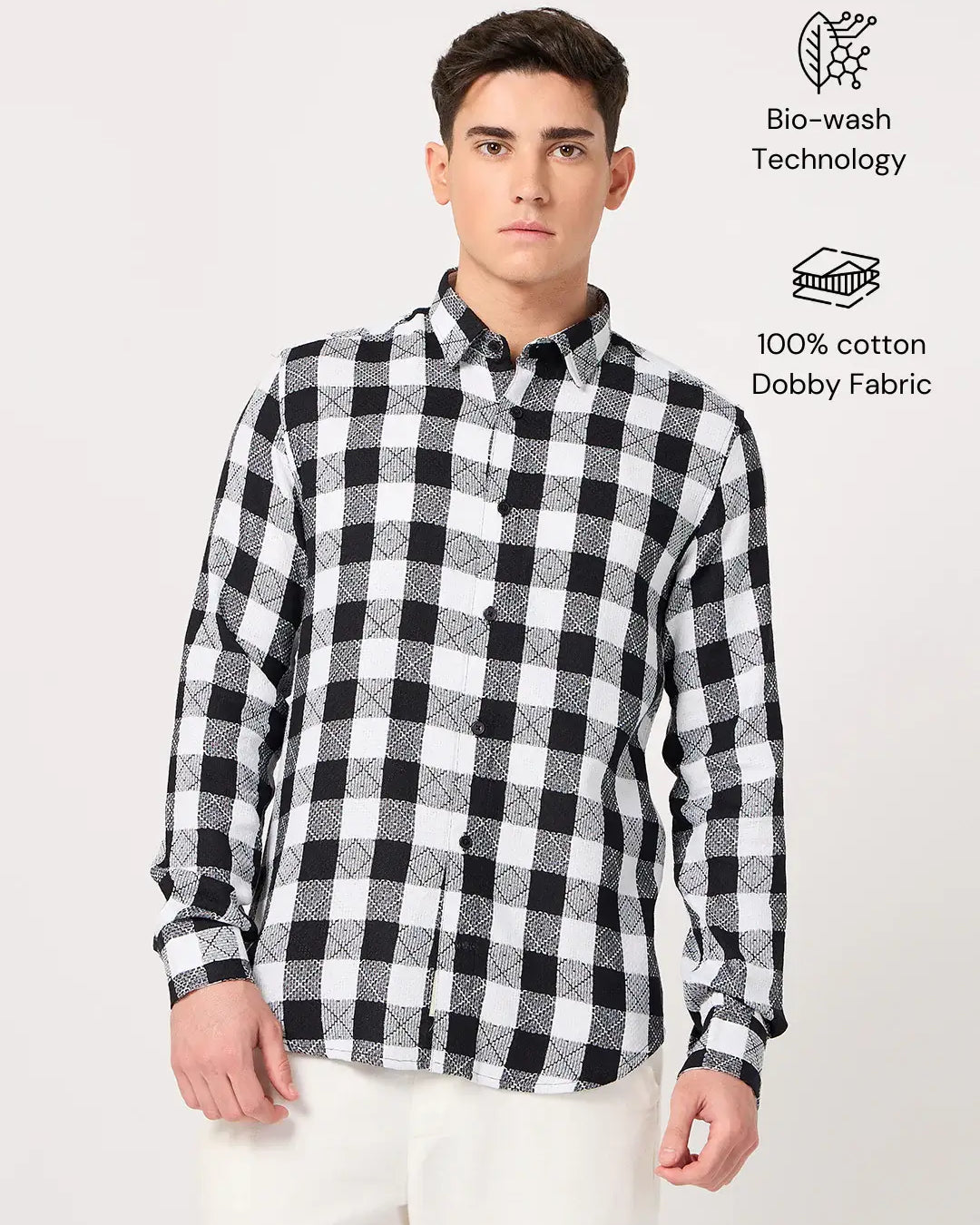 textured cotton black and white check shirt for men