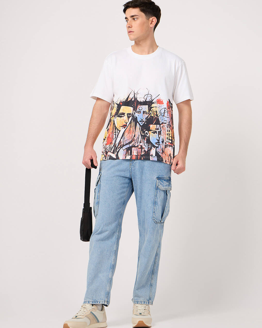 men wearing a white devil print tshirt and jeans