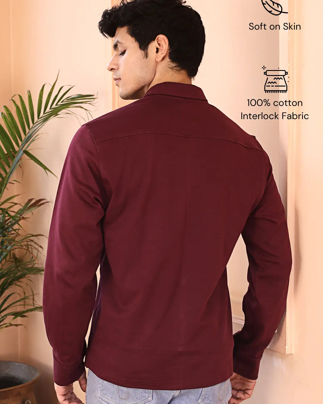 Man wearing a maroon cotton shirt