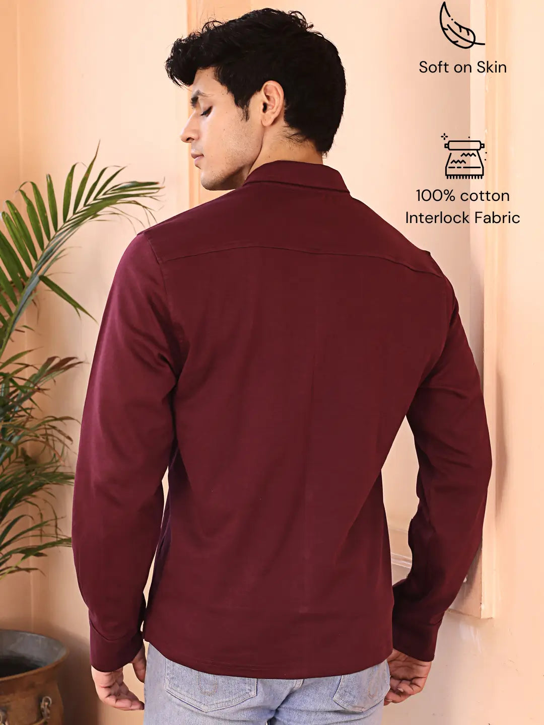 Man wearing a maroon cotton shirt