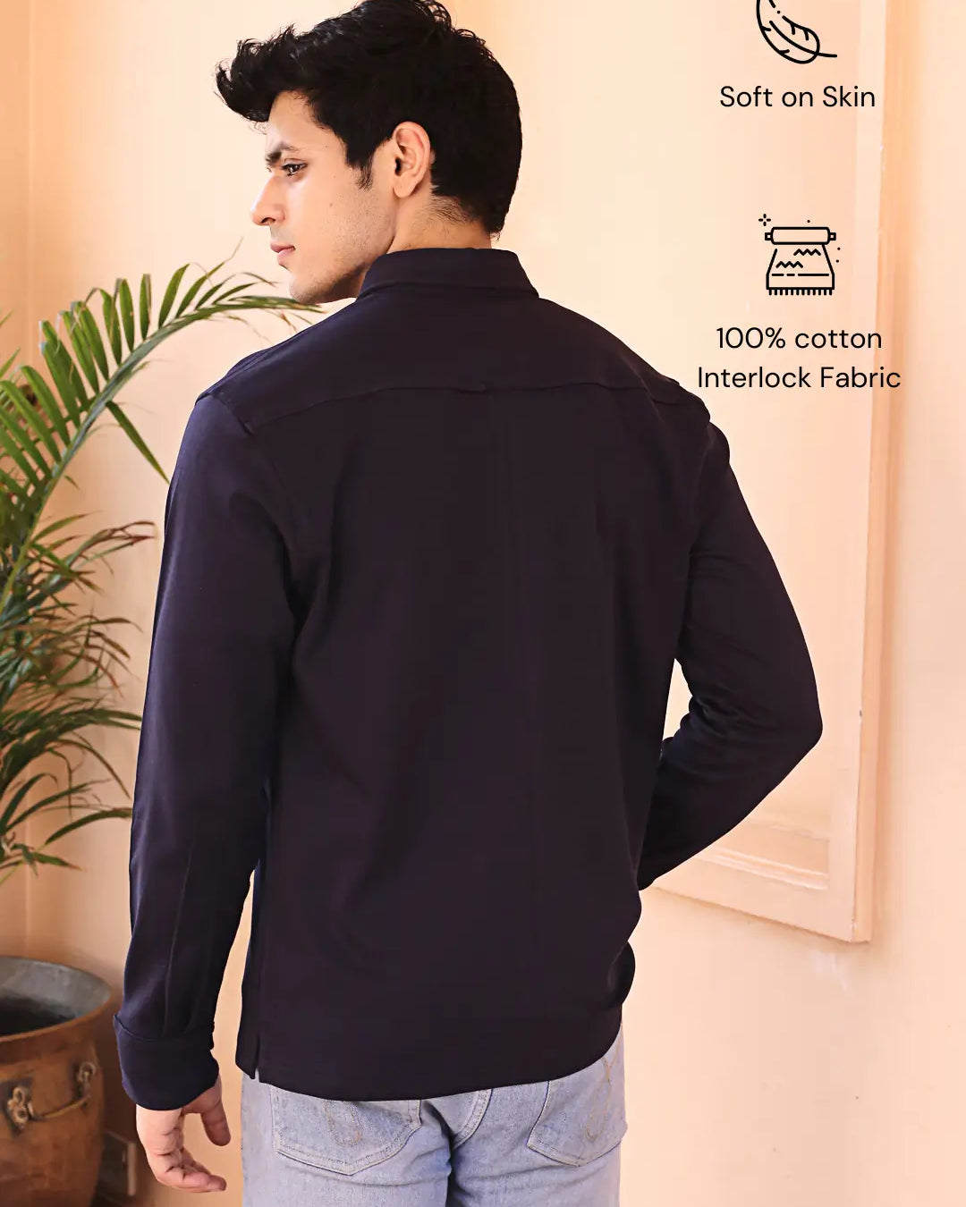 Man wearing a navy blue full sleeve shirt made with cotton fabric