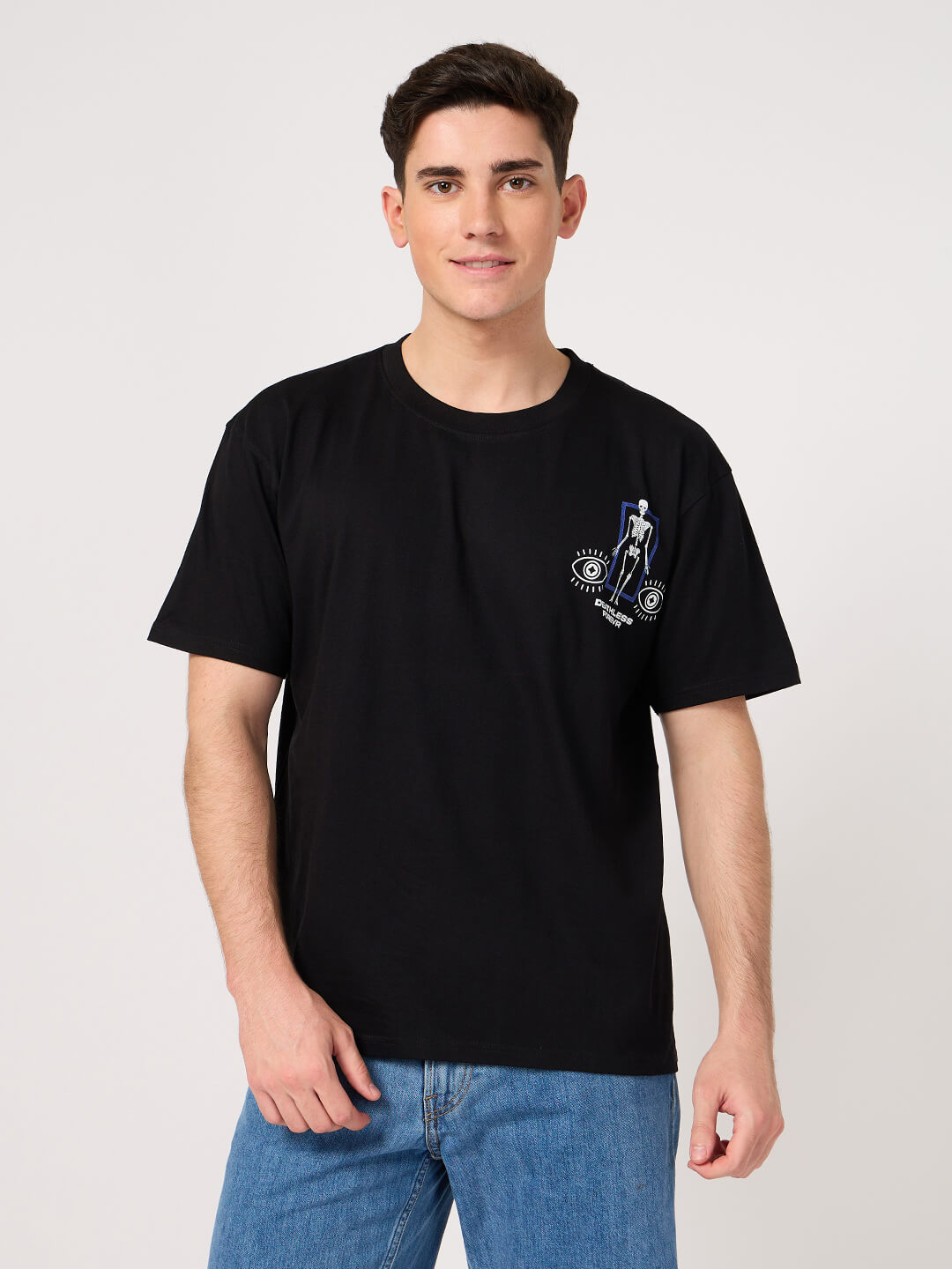 black round neck back printed t shirts for men