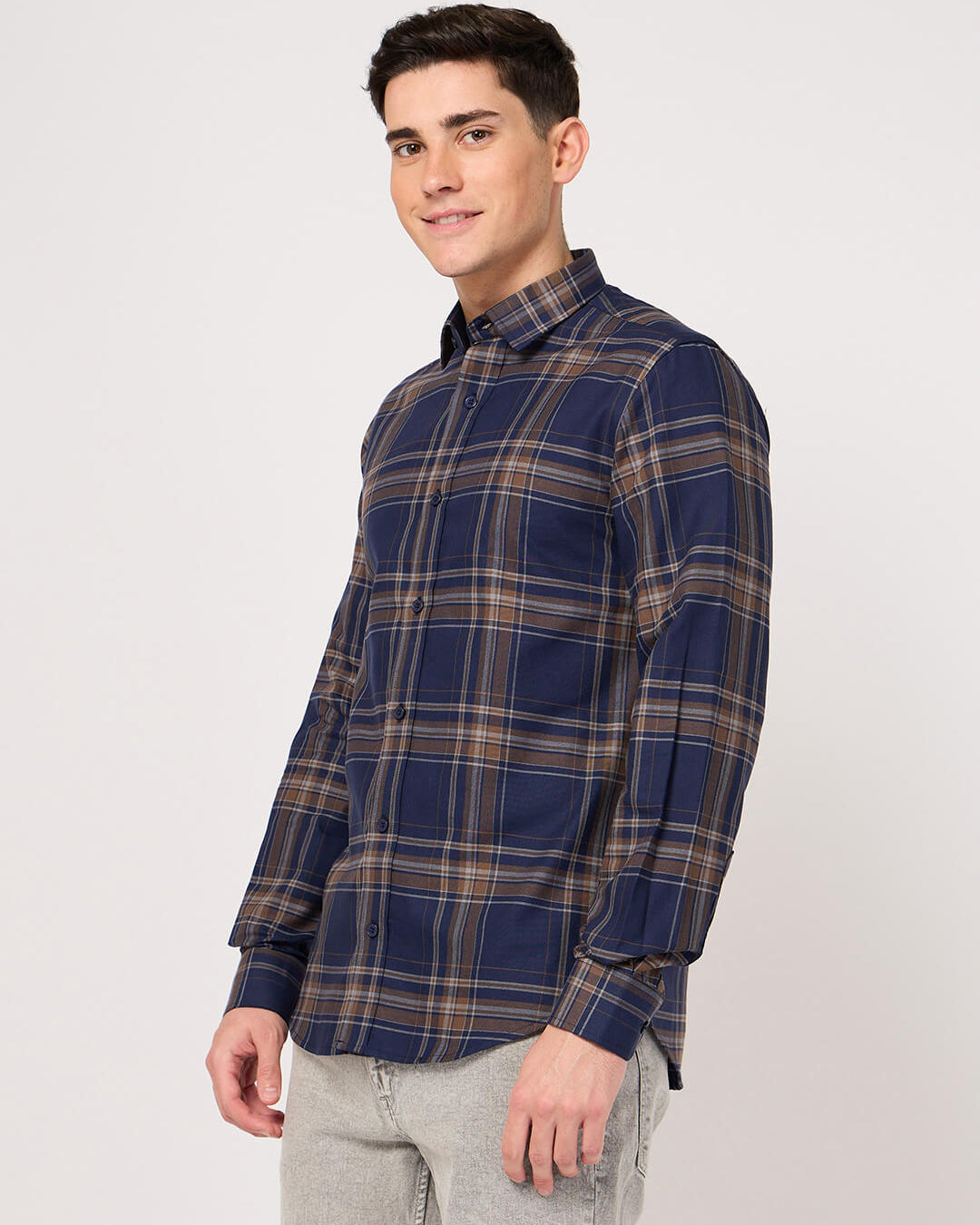 blue brown checked shirt