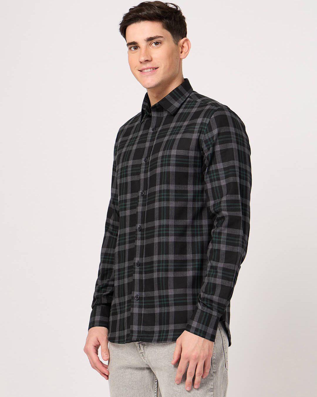 Man wearing a stylish twill cotton grey check shirt