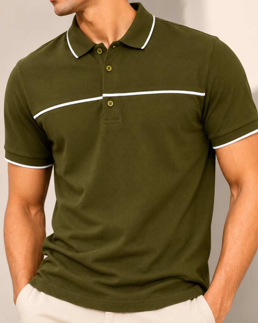 An olive green short-sleeve polo shirt