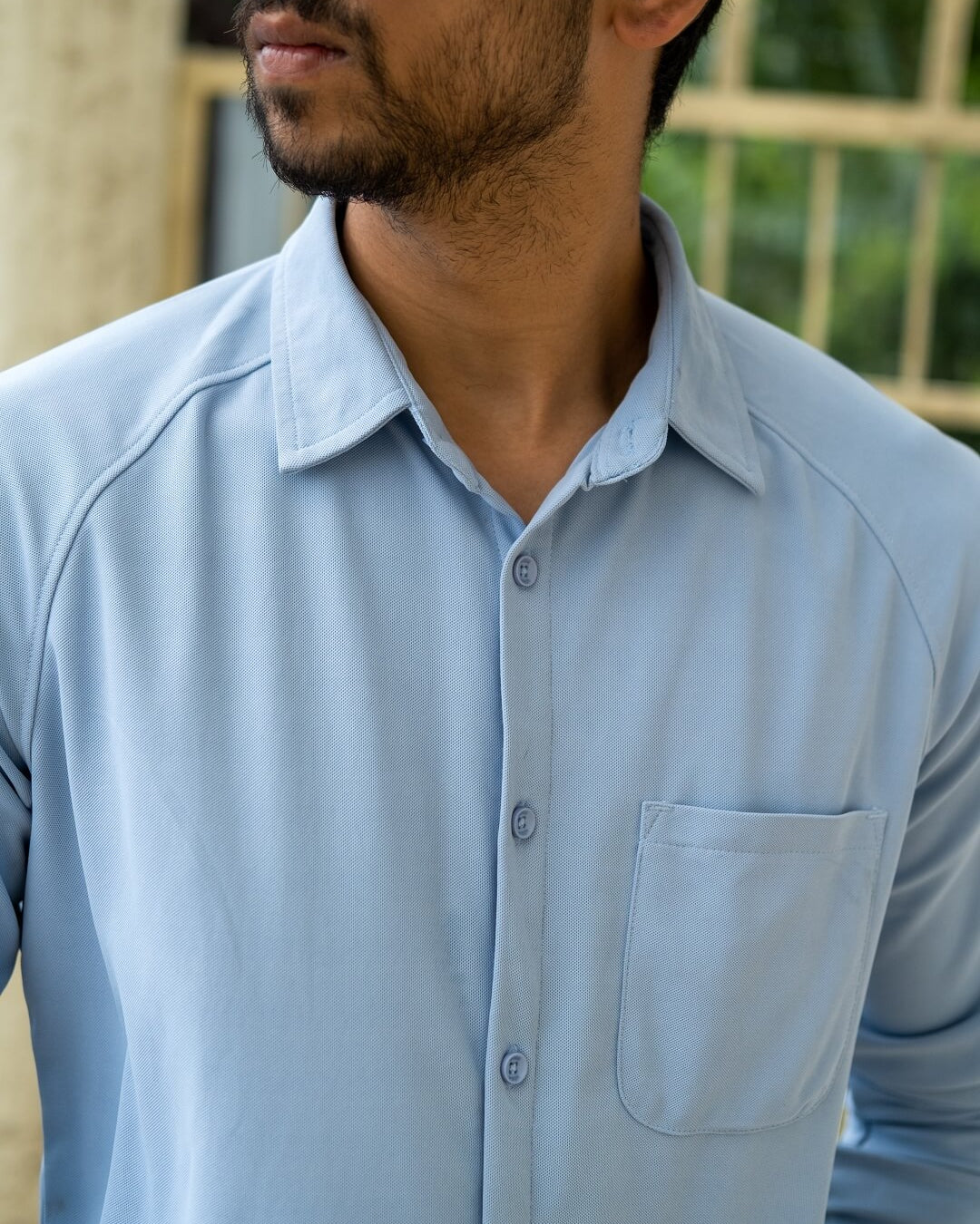 sky blue plain shirt made with honeycomb polyester fabric