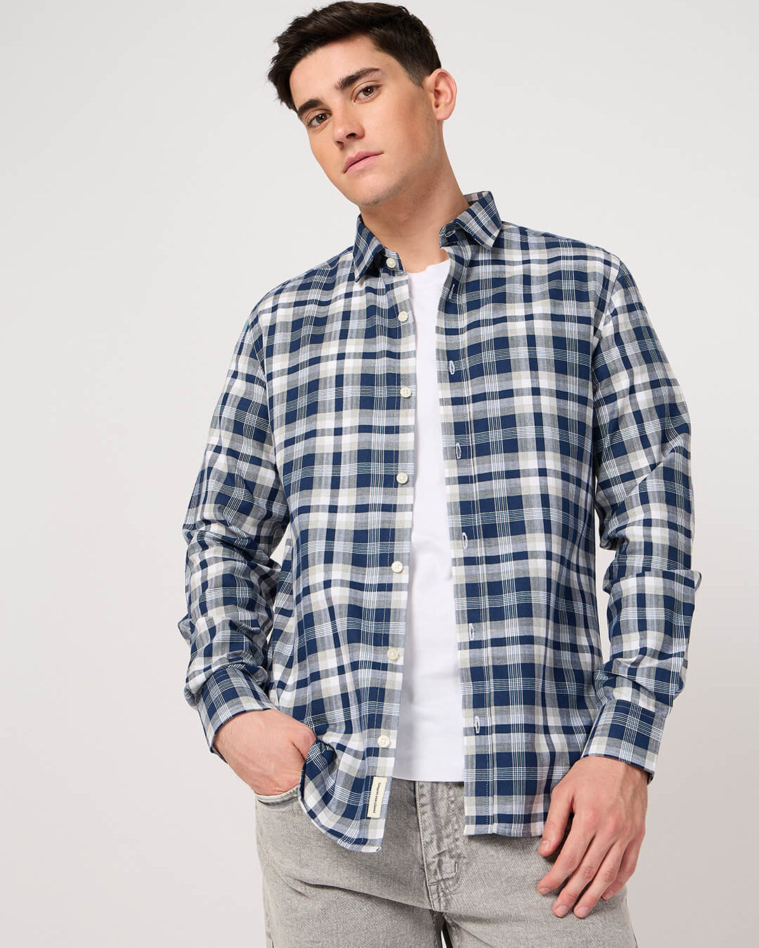 blue white plaid shirt for men