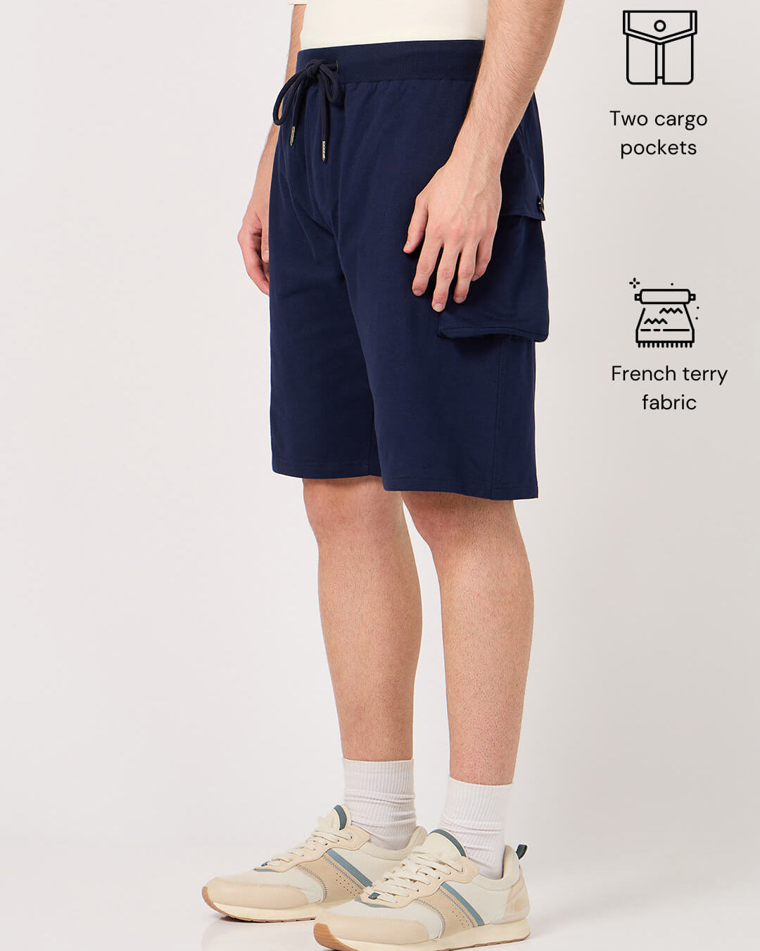Navy shorts with pocket and drawstring on a white background