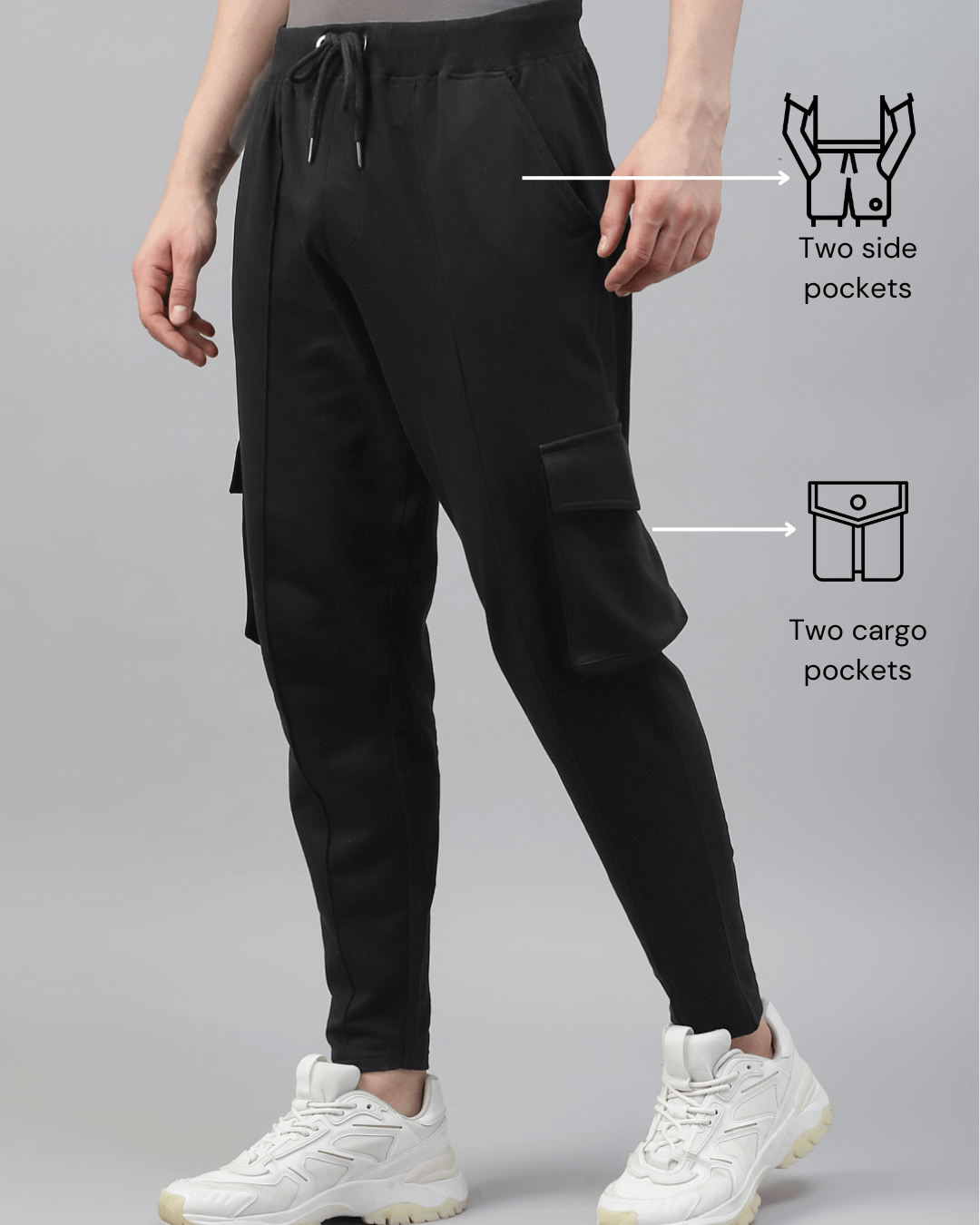 Men's cotton cargo pocket pants in black color, featuring two cargo and two side pockets