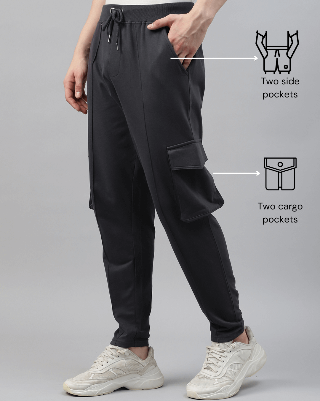 men's gray army cargo jogger pants made with pure cotton featuring side and cargo pokets